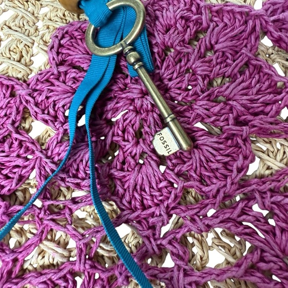 Fossil Long Live Vintage Raffia Straw Tote Bag Purse Leather Boho Beach Vacation - Picture 7 of 13